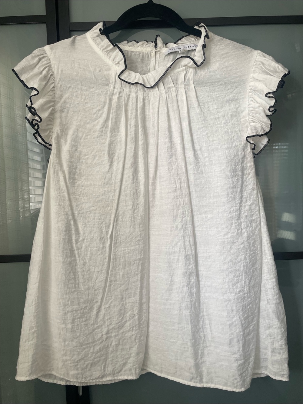 English Factory White Ruffle-Trim Blouse with Black Contrast